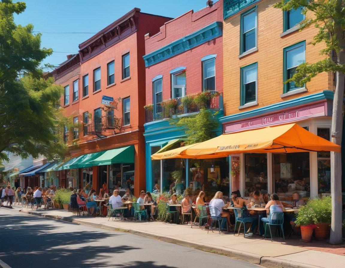 A vibrant street scene in Somerville, showcasing diverse people enjoying outdoor cafes, colorful murals on buildings, and lush greenery. The image should capture a sense of community with individuals engaging in conversations, children playing, and pets accompanying their owners. Incorporate vibrant colors to reflect the lively atmosphere and elements of local culture such as art and food. super-realistic. vibrant colors. sunny day.