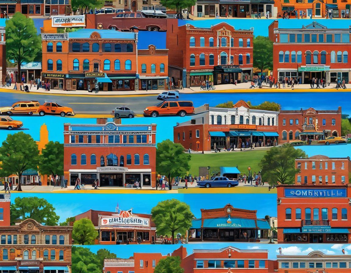 A vibrant collage showcasing the essence of Somerville: colorful local shops, community events in full swing, people enjoying a sunny day in a park, and landmarks like the iconic Somerville Theatre. The scene should evoke a sense of community and liveliness, filled with diverse individuals engaging in various lifestyle activities. super-realistic. vibrant colors. 3D.
